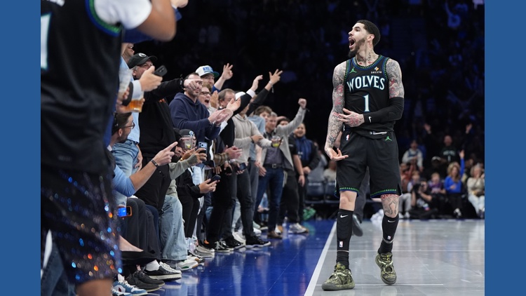 Timberwolves player LaMelo Ball celebrating during a game.